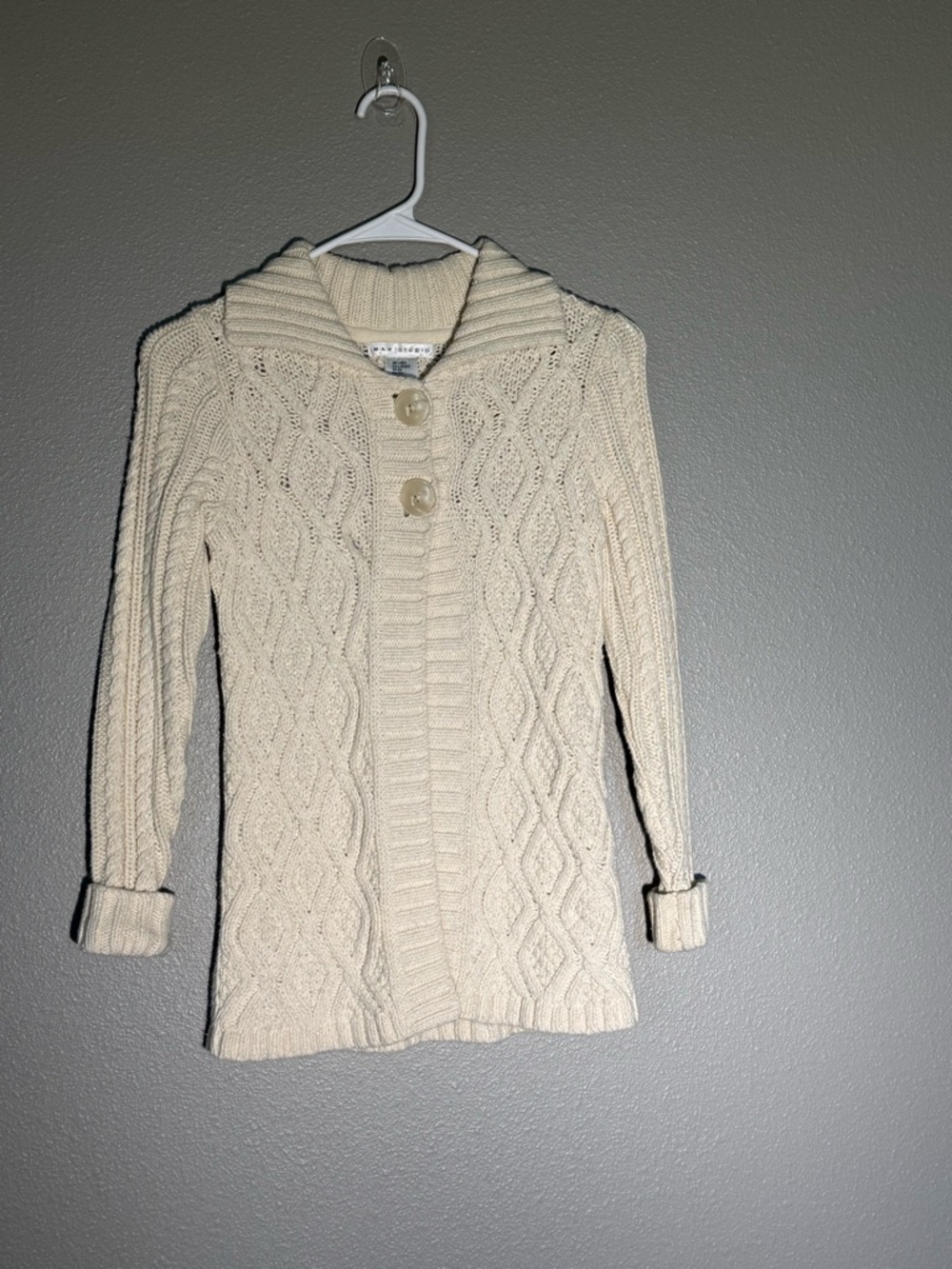 Max Studio Cream Cable Knit Shawl Collar Cardigan